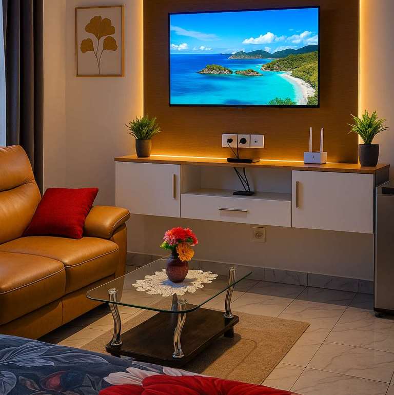 Chambre meublée haut standing à Ange Raphael Douala avec lit double, TV écran plat et déco moderne